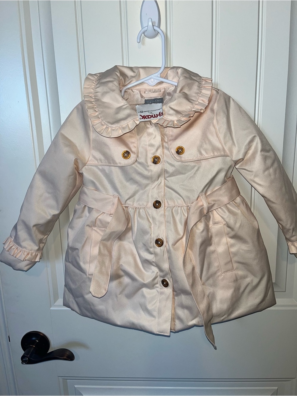 Tahari Girls' Light Cream Ruffle Collar Raincoat
